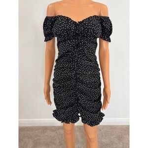 Shein Black Polka Dot Ruched Off Shoulder Mini Dress Ruffle Hem Puff Sleeve